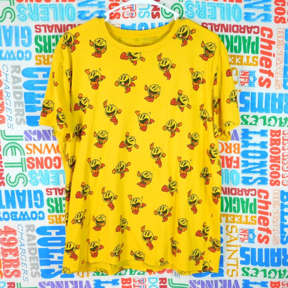 Pac Man All Over Print T Shirt Size L Yellow Retro Arcade Namco
